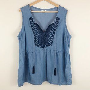 Crown & Ivy Sleeveless Chambray Top Embroidered